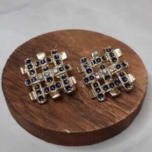 Gold Tone And Blue Basket Weave Earrings Rhinestone Accents Clip Backs